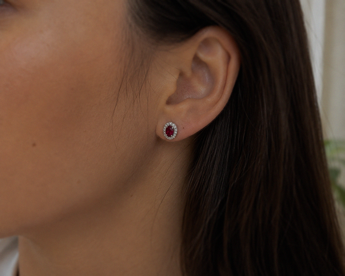 Ruby & Diamond Cluster Stud Earrings in 9ct White Gold