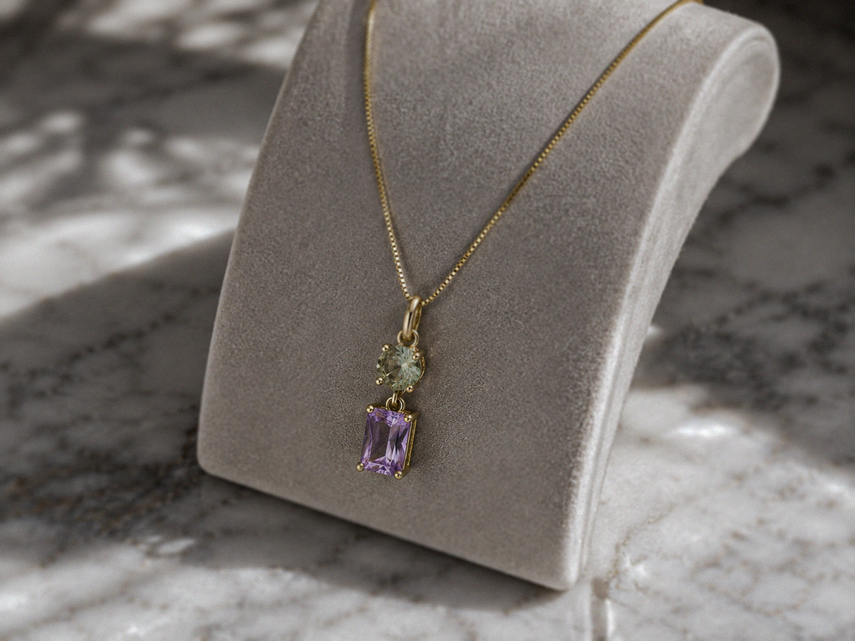9ct Yellow Gold Toi et Moi Quartz & Amethyst Pendant Necklace. (With chain)