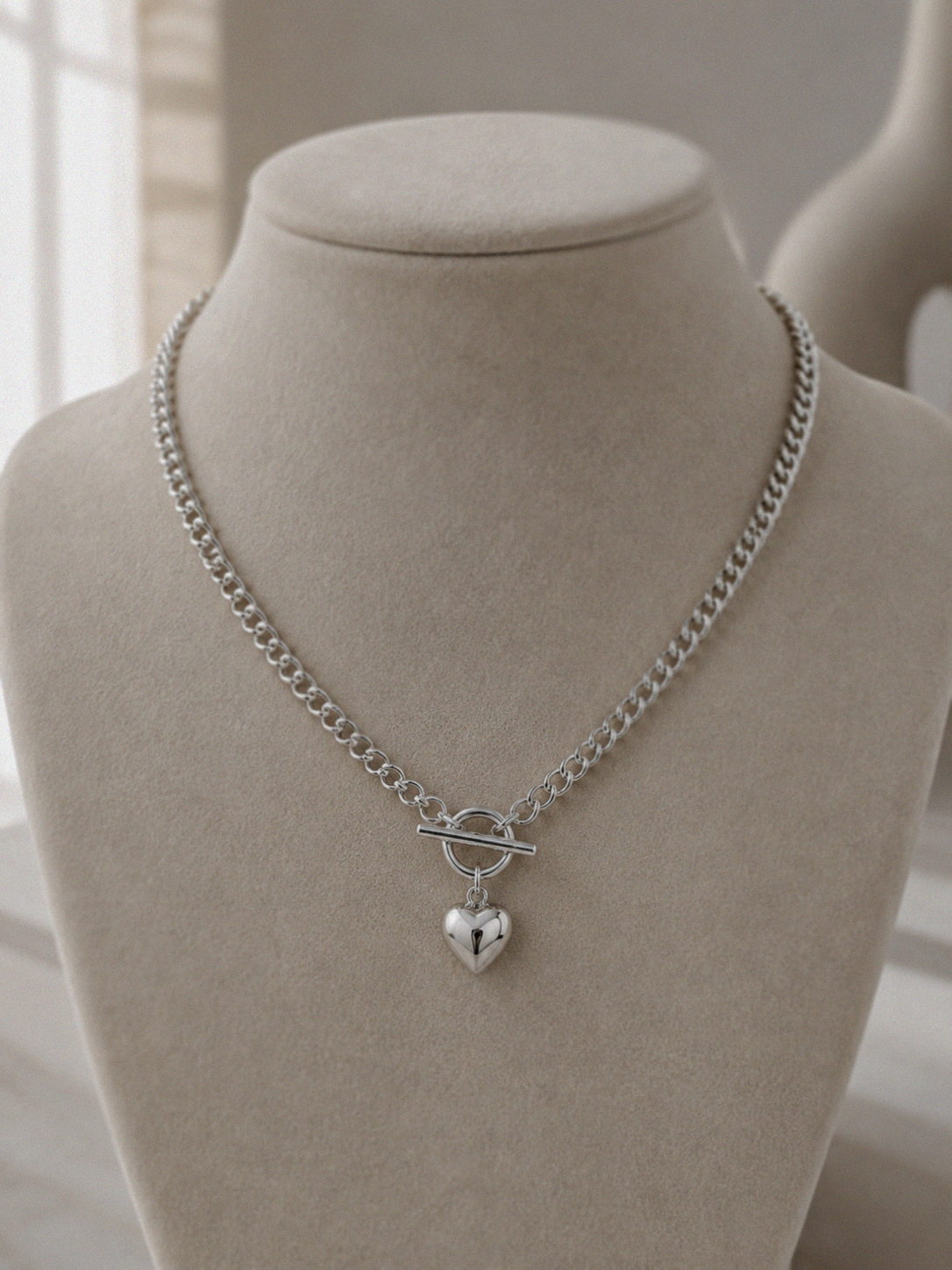 Sterling Silver Puff Heart T-Bar Chain Necklace