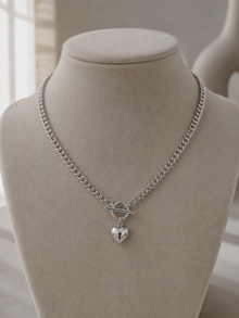 Sterling Silver Puff Heart T-Bar Chain Necklace