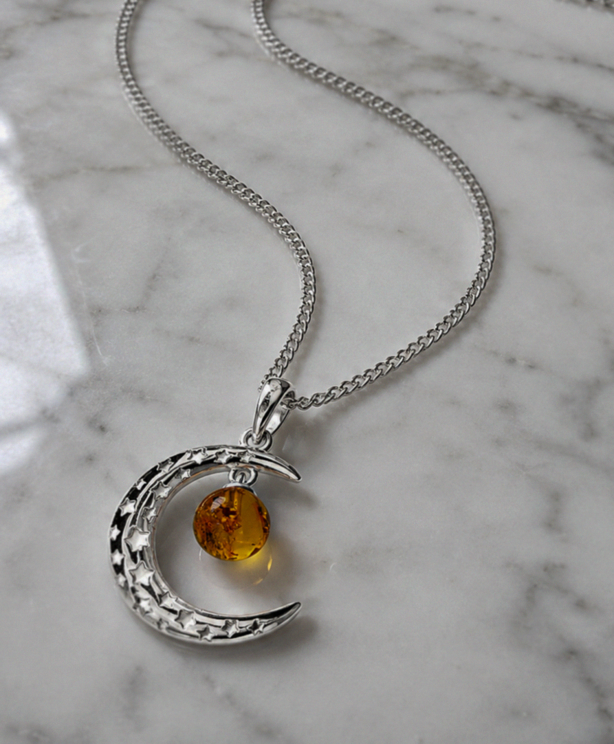 Sterling Silver Baltic Amber Crescent Moon Necklace