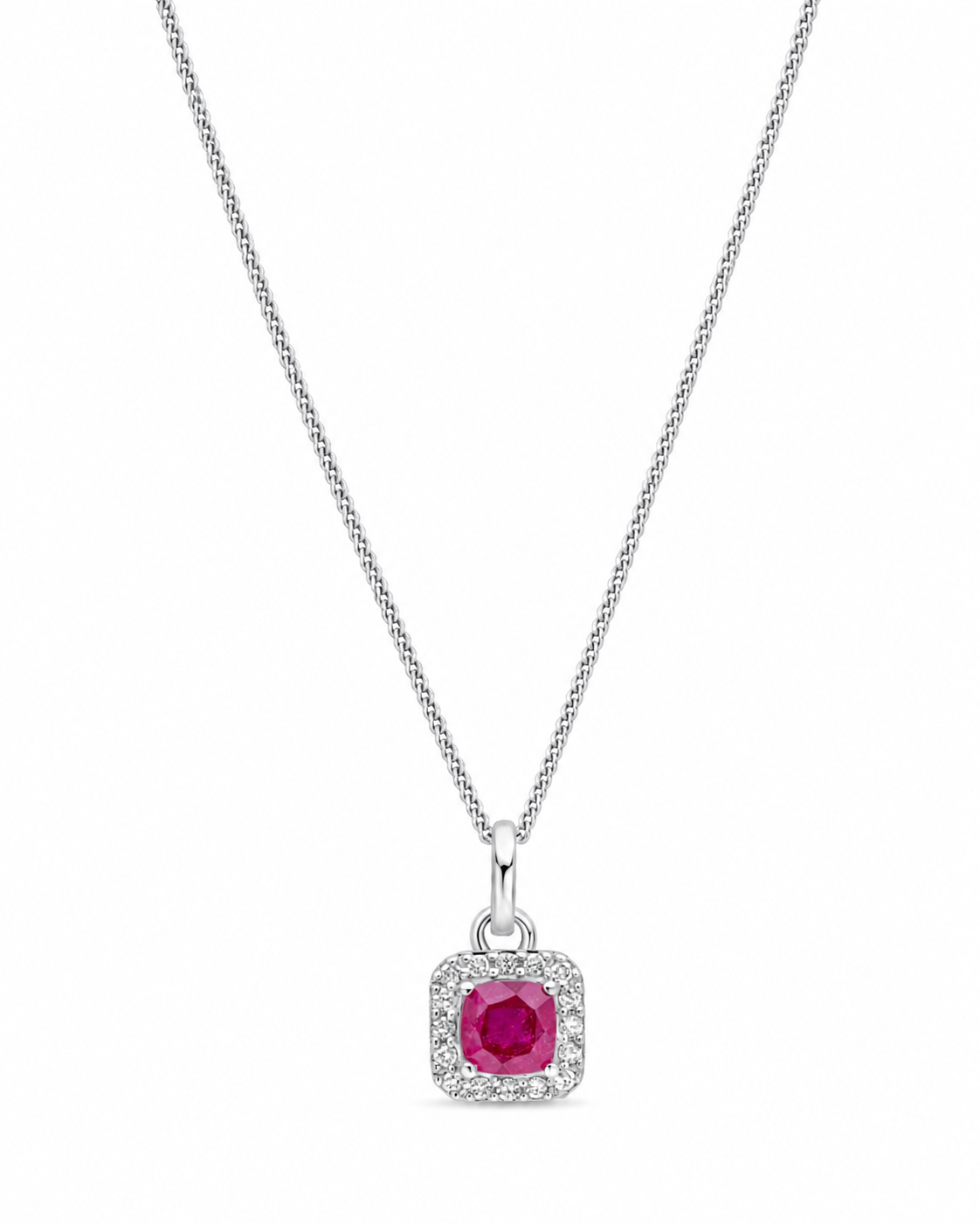 Cushion Cut Ruby & Diamond Halo Pendant Necklace in 9ct White Gold