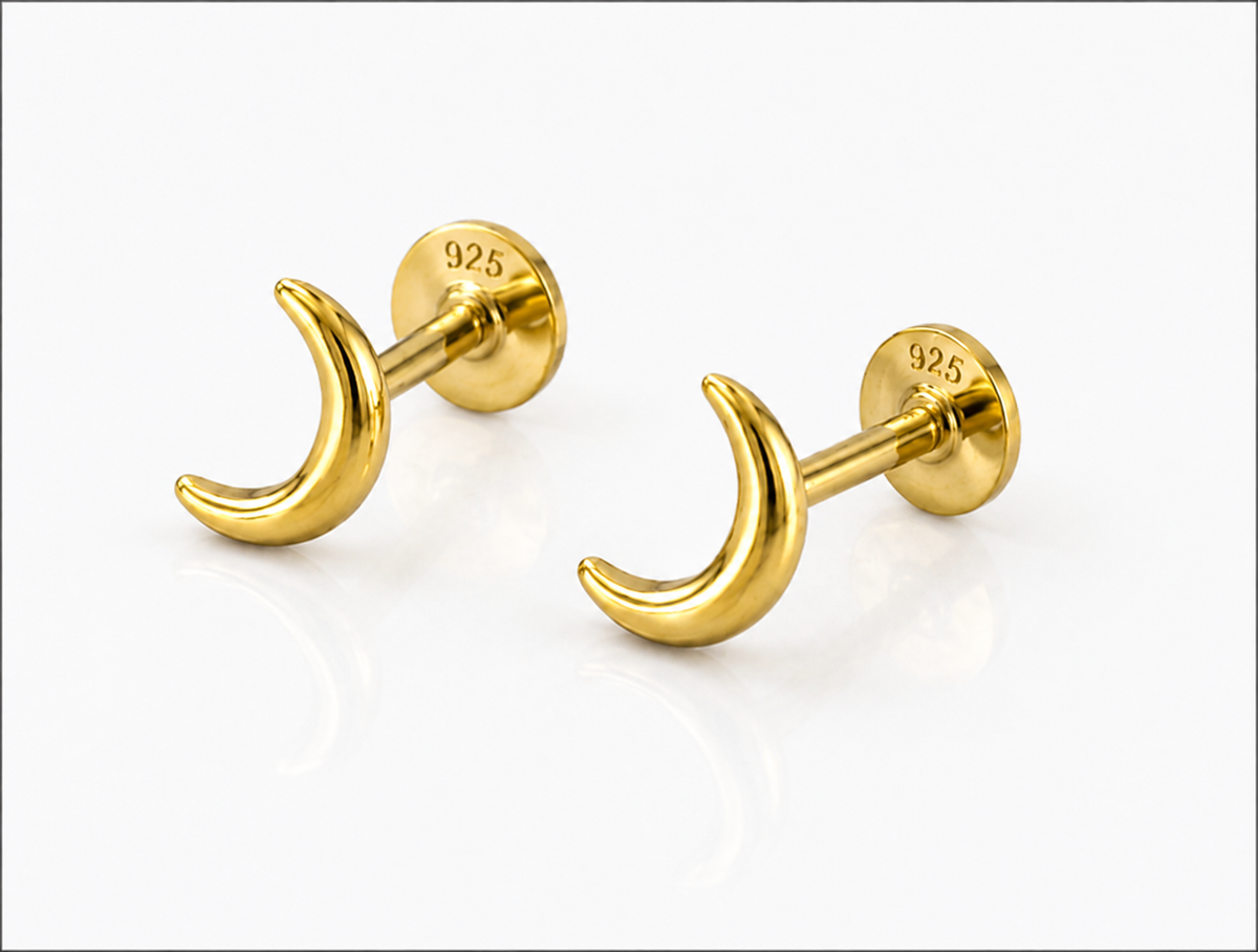 Sterling Silver Crescent Moon Labret Stud Earrings – Pair