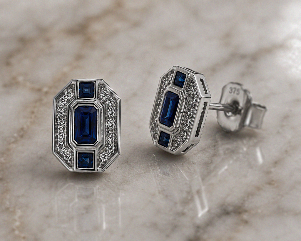9ct White Gold Sapphire & Diamond Channel Stud Earrings