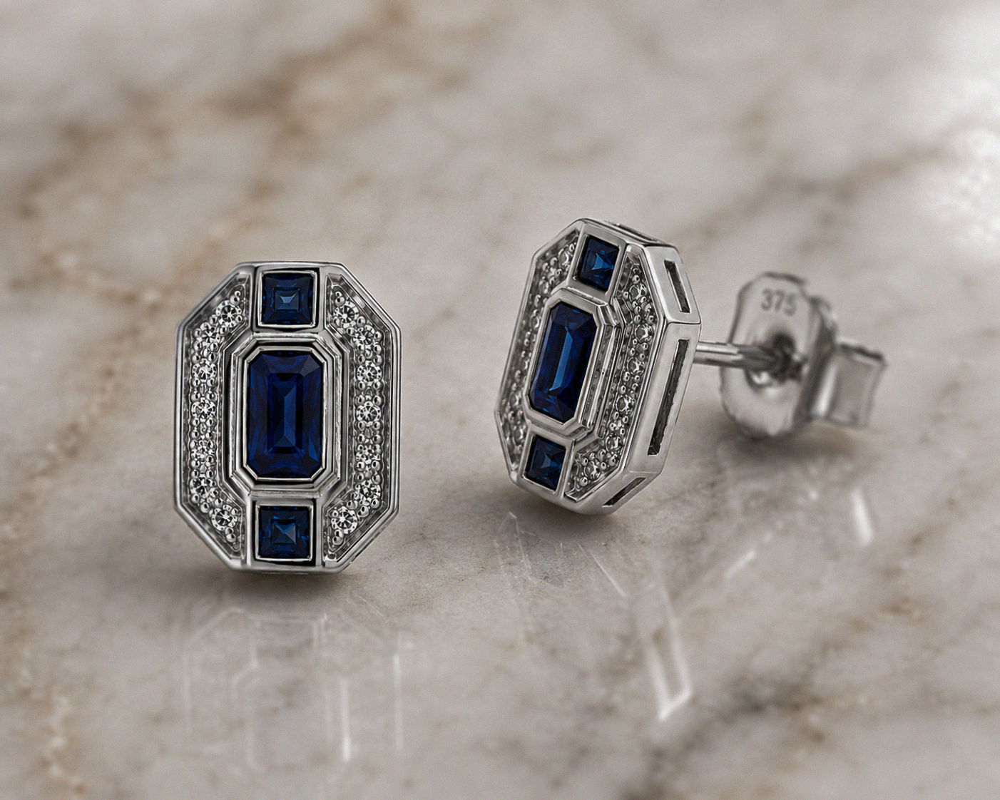 9ct White Gold Sapphire & Diamond Channel Stud Earrings