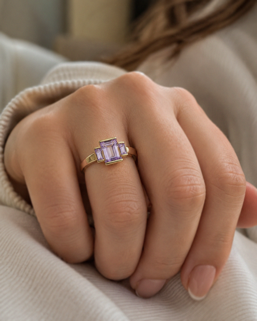 9ct Yellow Gold Trilogy Rose de France Amethyst Ring