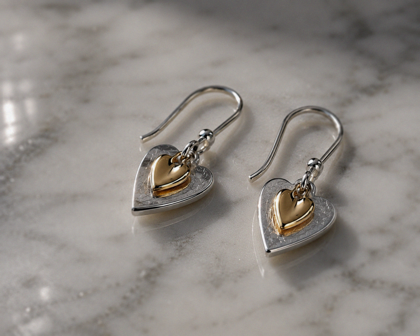 Double Heart Drop Earrings in Sterling Silver with Yellow Gold Plated Heart