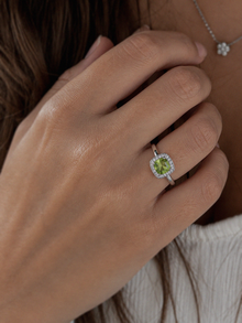 9ct White Gold Cushion-Cut Peridot & Diamond Halo Ring
