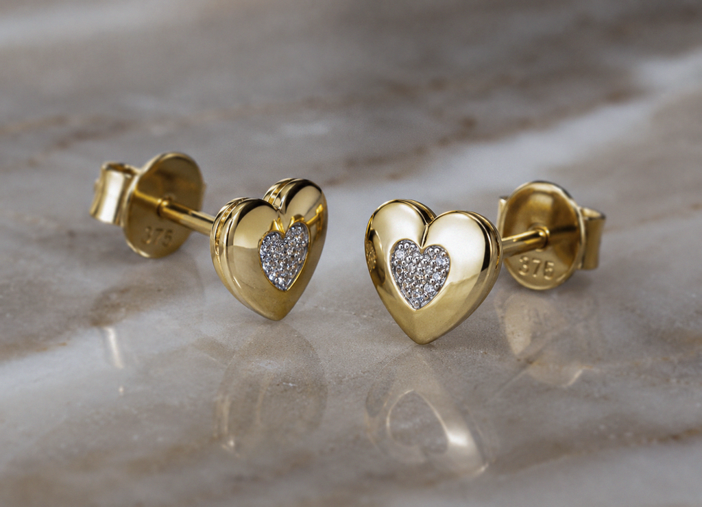 9ct Yellow Gold 0.03ct Diamond Heart Stud Earrings