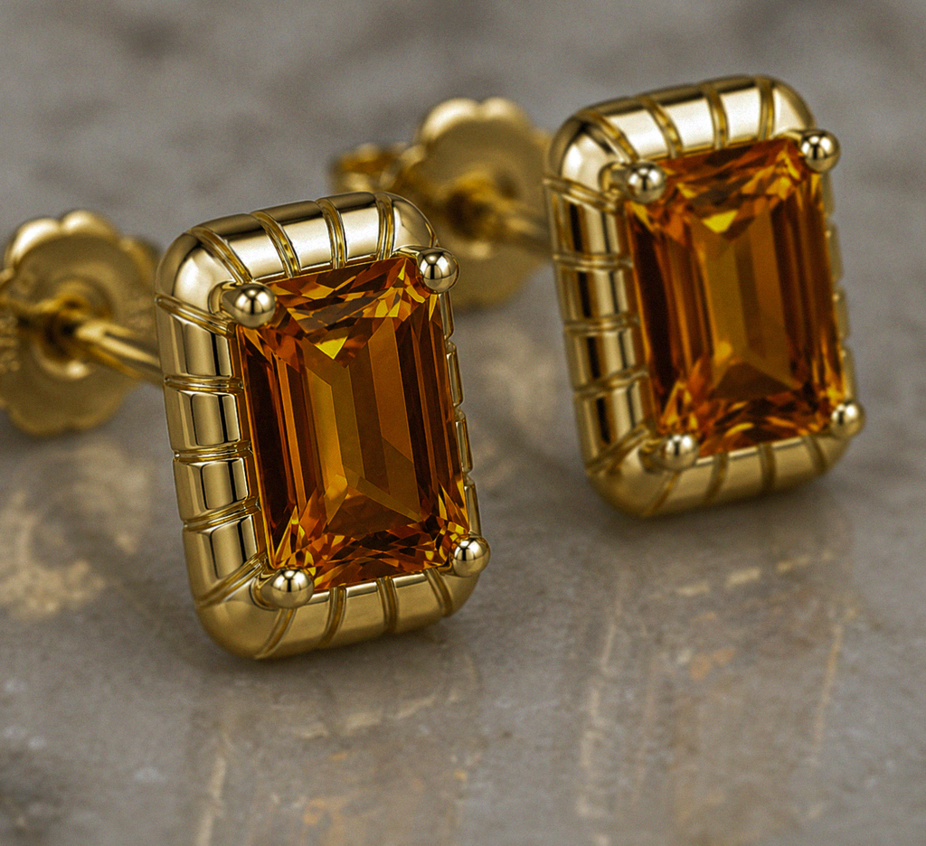 Detailed Octagon Citrine Stud Earrings in 9ct Yellow Gold