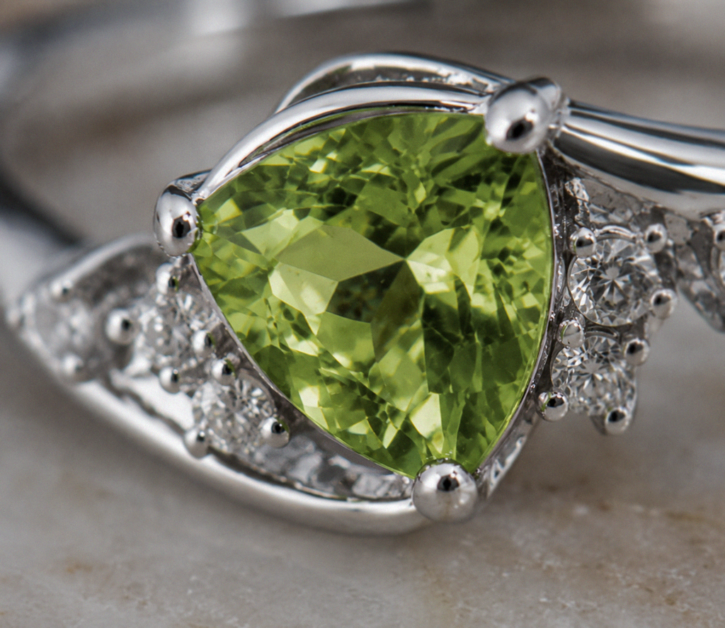 9ct White Gold Trillion Peridot & White Topaz Ring