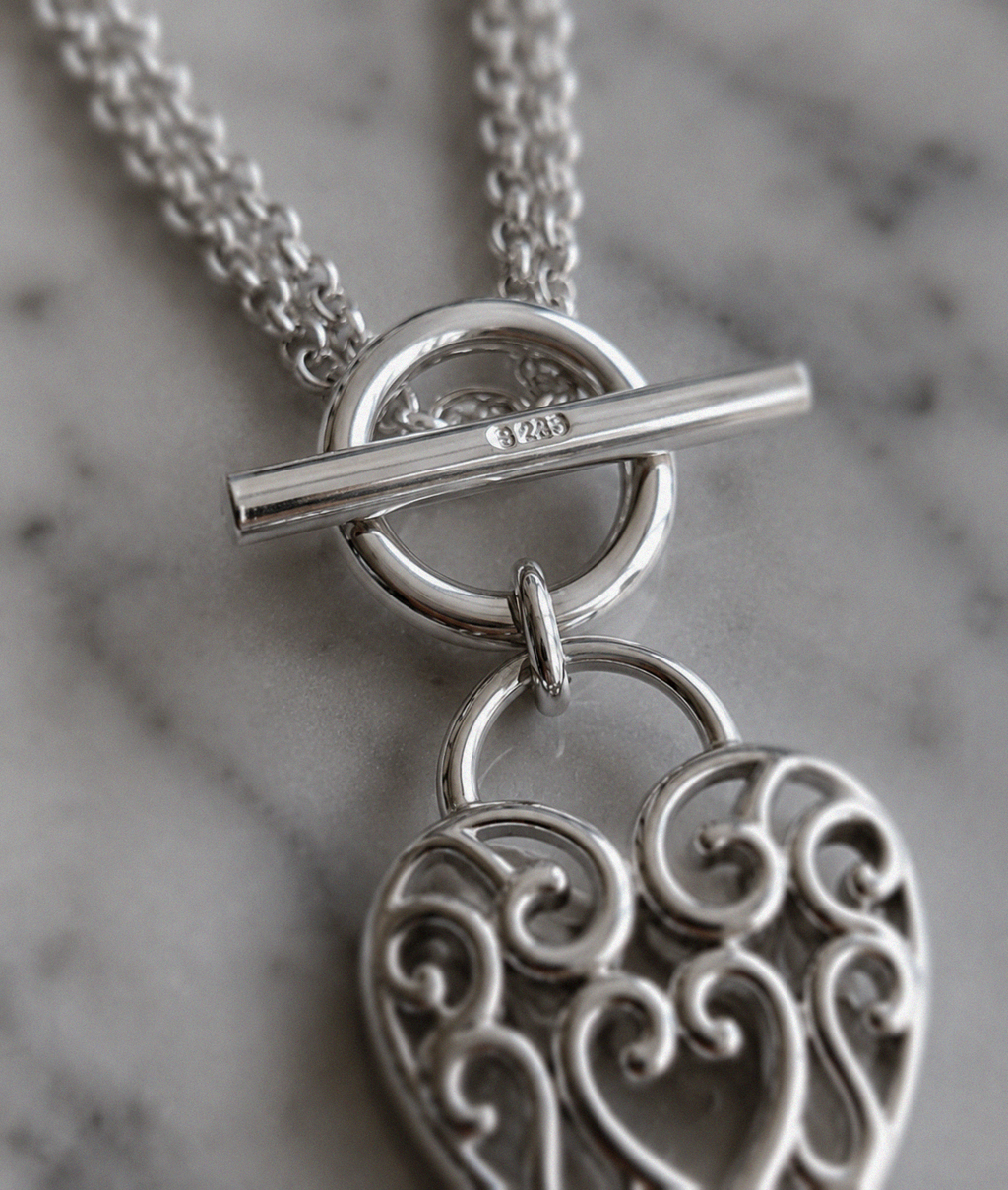 Large Filigree Heart Double Chain T-Bar Necklace in Sterling Silver