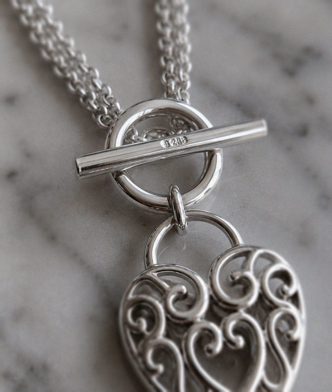 Large Filigree Heart Double Chain T-Bar Necklace in Sterling Silver
