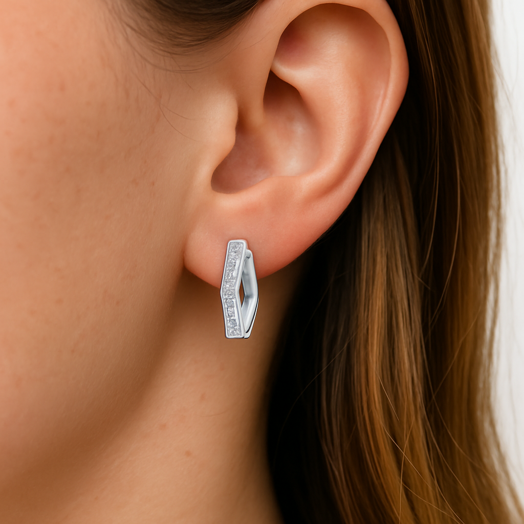 Silver CZ Hexagon Huggie Earrings – Rhodium Plated - PRE ORDER