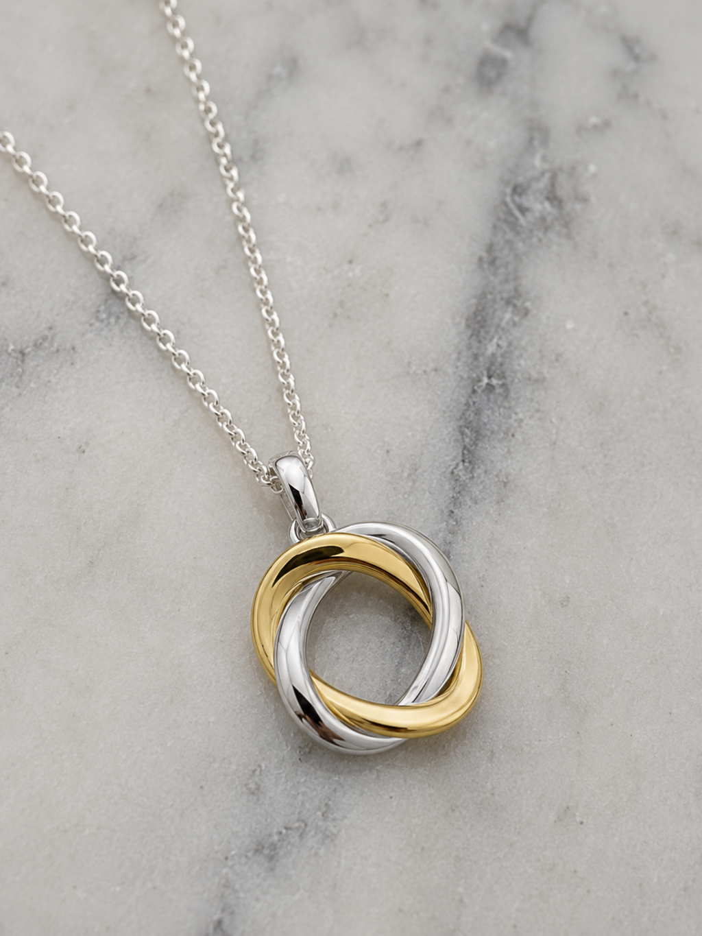 Sterling Silver Yellow Gold Plated Woven Circle Pendant with Trace Chain