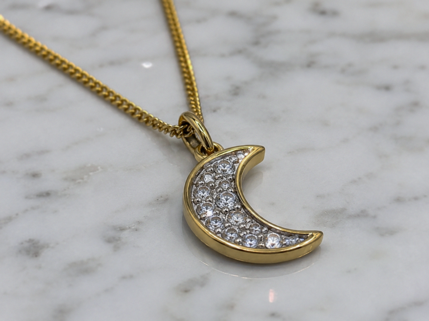 9ct Yellow Gold Diamond Crescent Moon Necklace