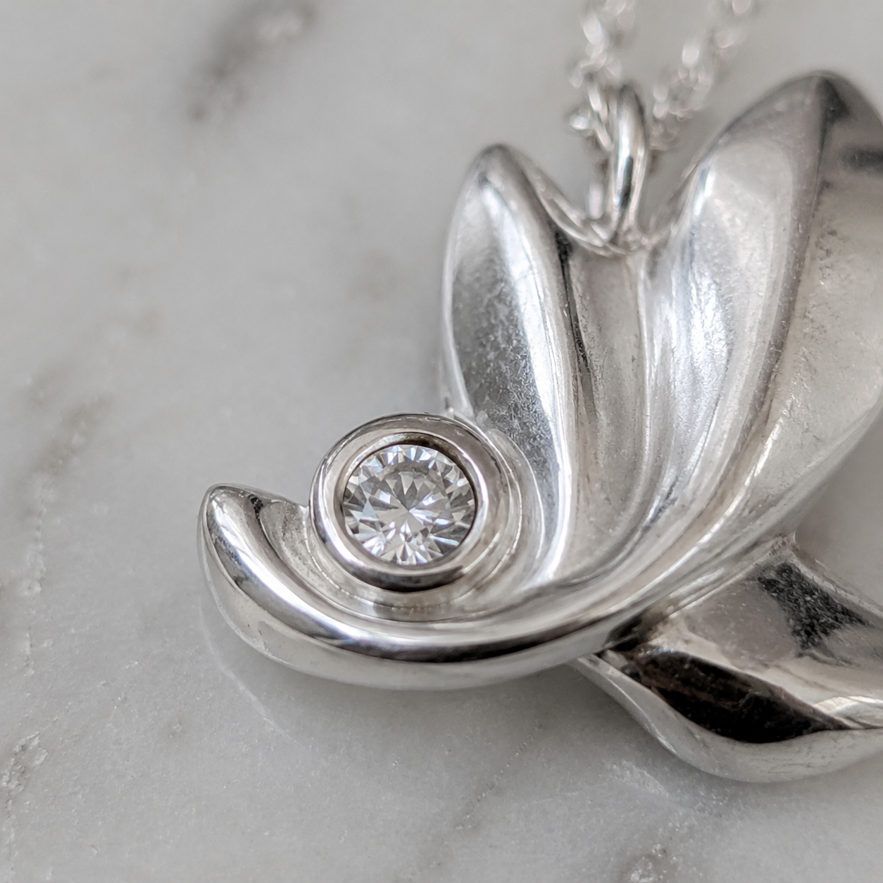 Sterling Silver Leaf Necklace With Natural Diamond