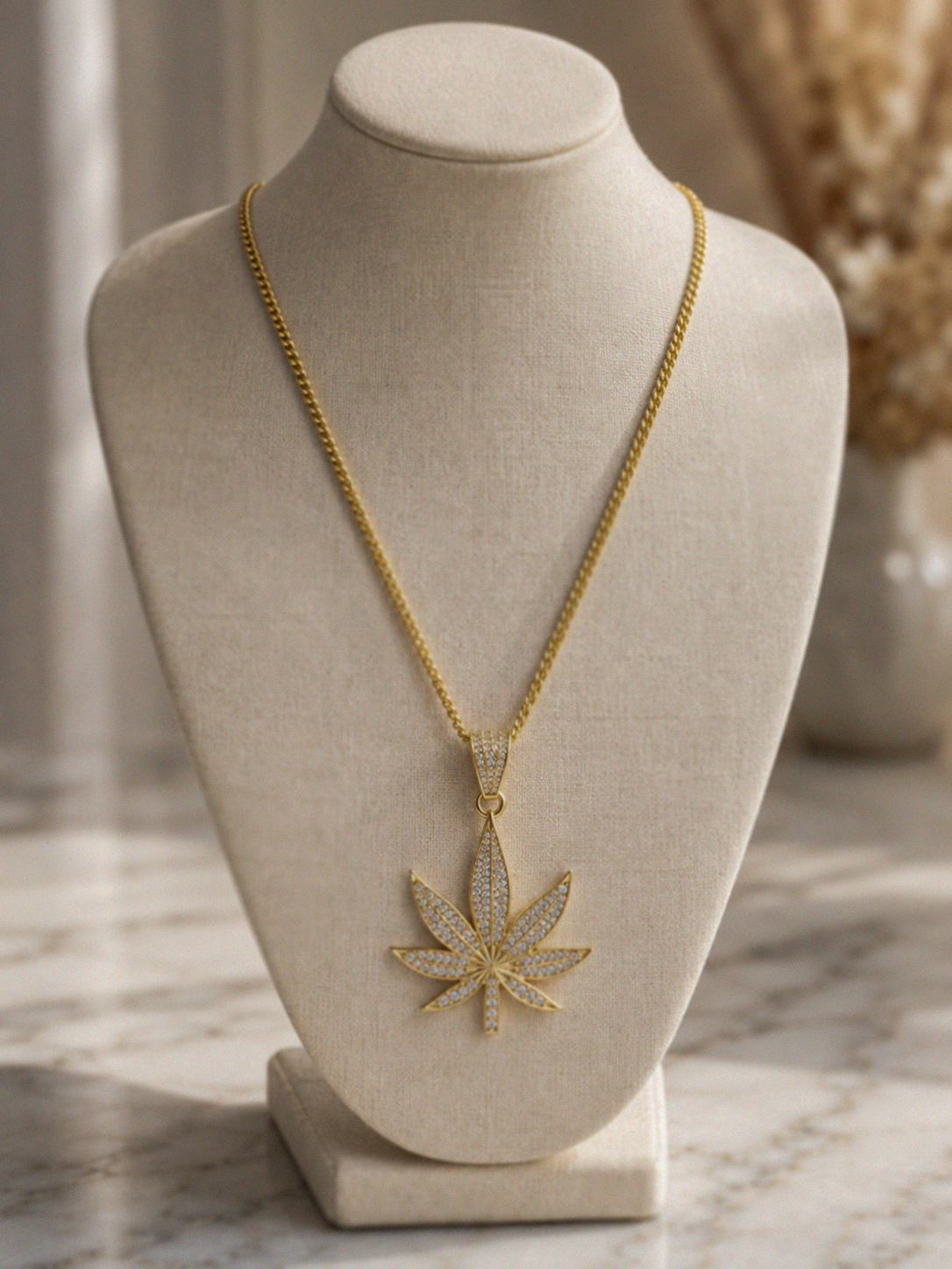 9ct Gold CZ Leaf Necklace with 18ct Diamond Cut Curb Chain