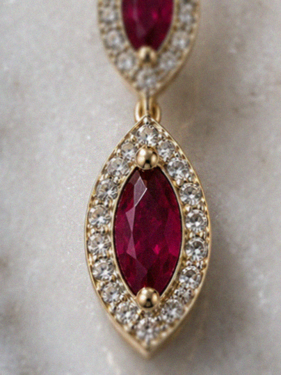 Marquise Double Drop Ruby & Diamond Earrings in 9ct Yellow Gold