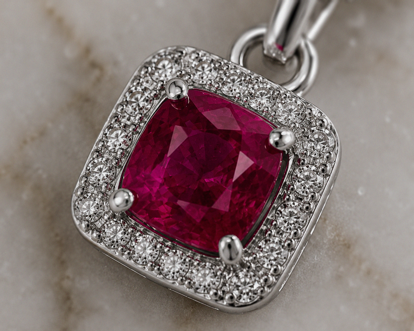 Cushion Cut Ruby & Diamond Halo Pendant Necklace in 9ct White Gold