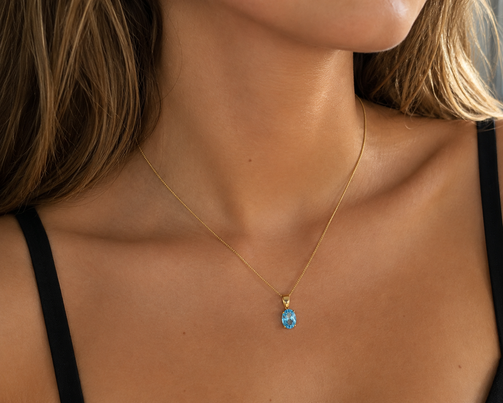 9ct Yellow Gold Swiss Blue Topaz Oval Pendant Necklace