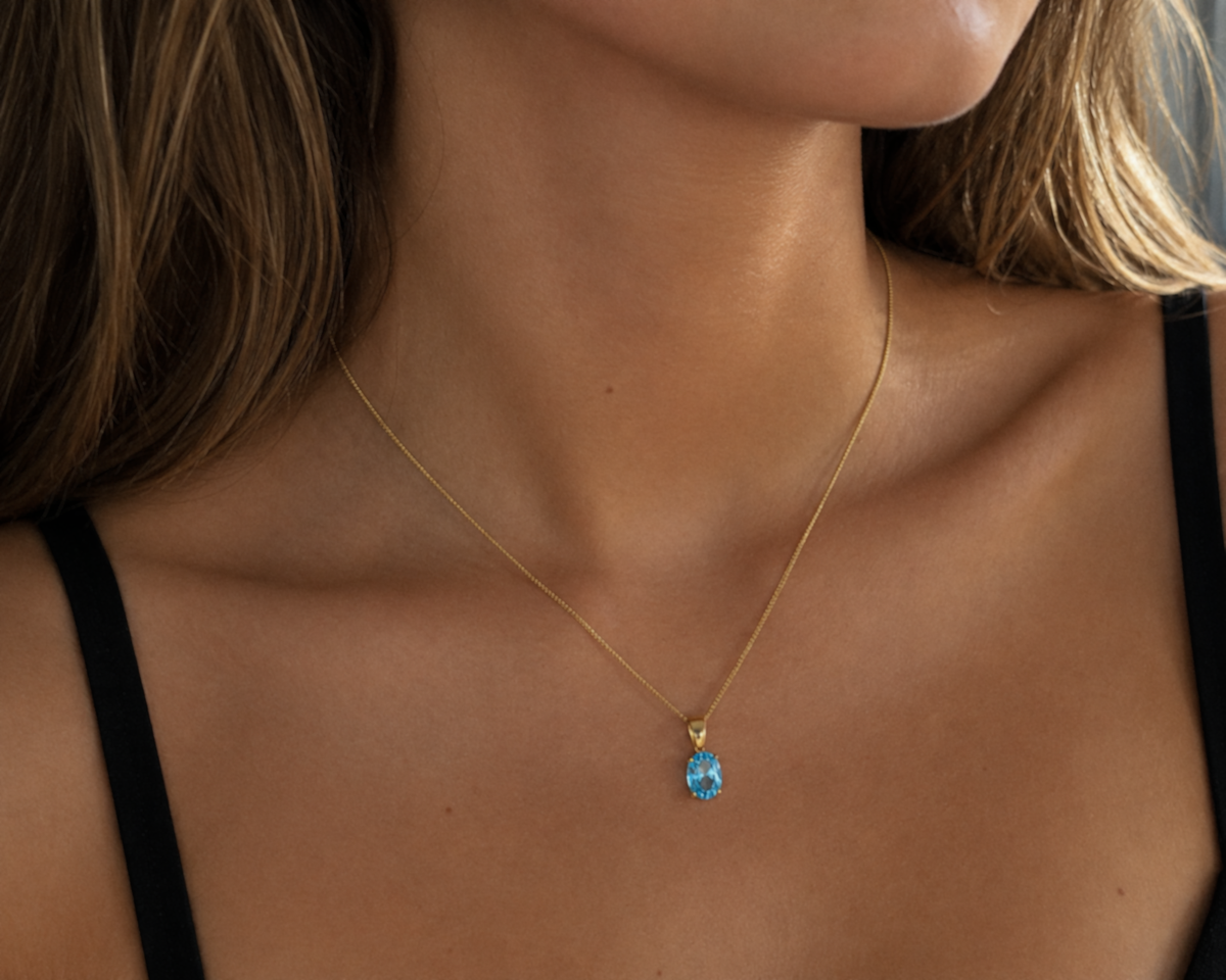 9ct Yellow Gold Swiss Blue Topaz Oval Pendant Necklace