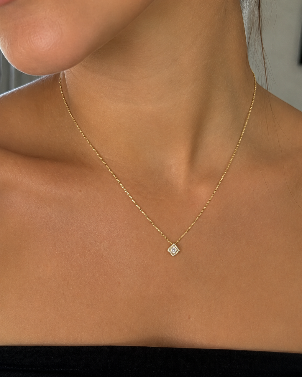9ct Yellow Gold Cubic Zirconia Mini Square Necklace