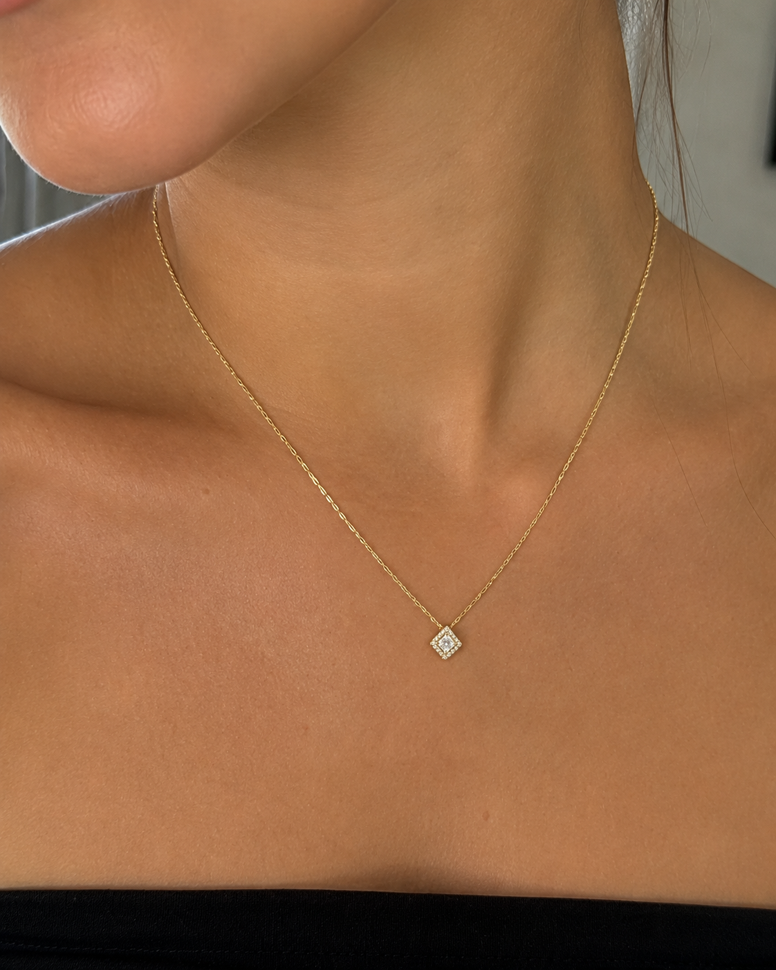 9ct Yellow Gold Cubic Zirconia Mini Square Necklace