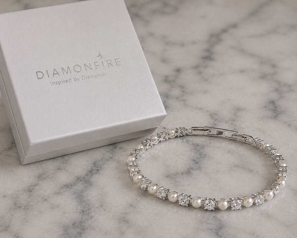 Diamonfire Sterling Silver Pearl and Zirconia Tennis Bracelet