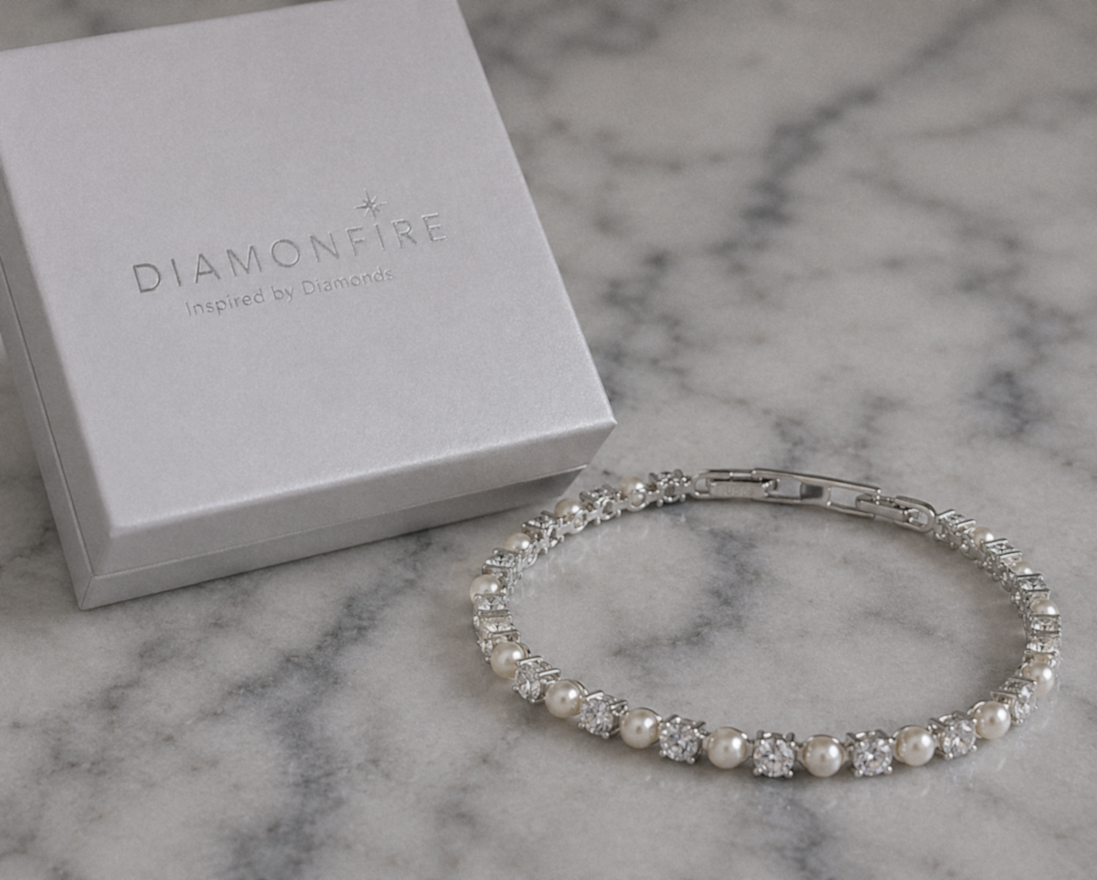 Diamonfire Sterling Silver Pearl and Zirconia Tennis Bracelet