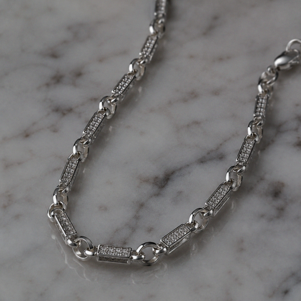 Silver Cubic Zirconia Belcher Bar Chain 28"