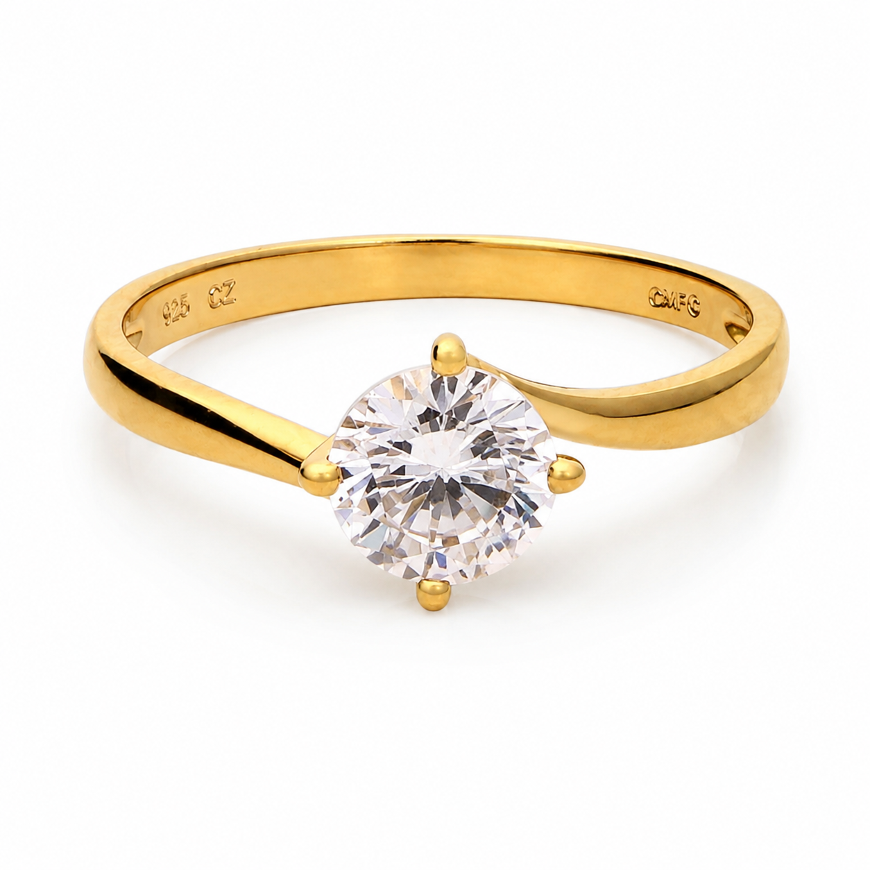 Sterling Silver Yellow Gold Plated Cubic Zirconia Solitaire Ring
