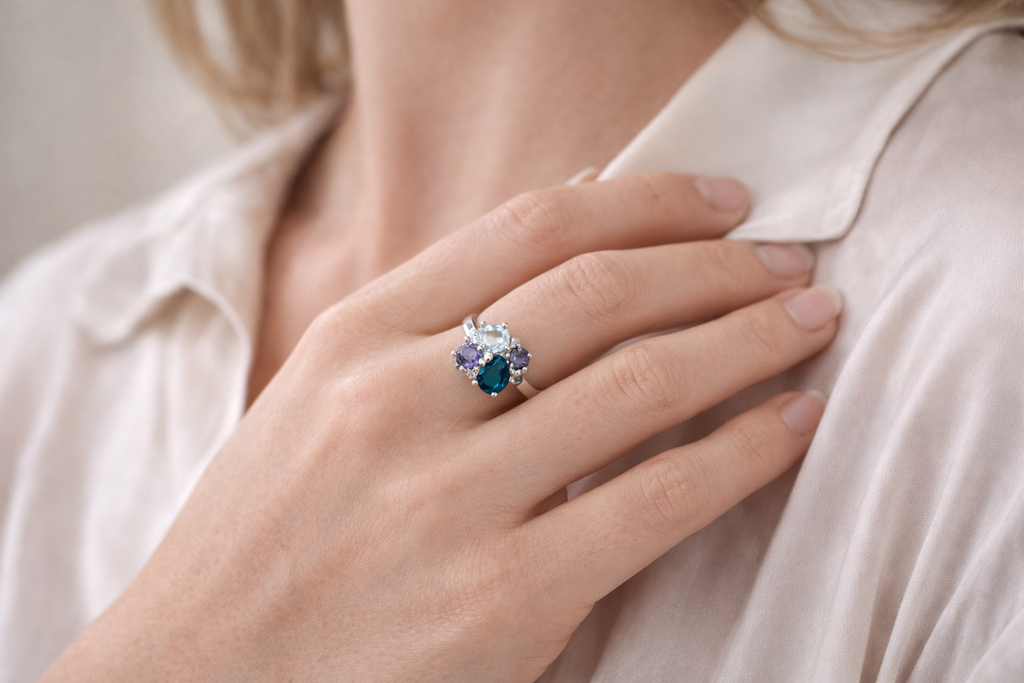 9ct White Gold Blue Topaz, Iolite & Diamond Cluster Ring