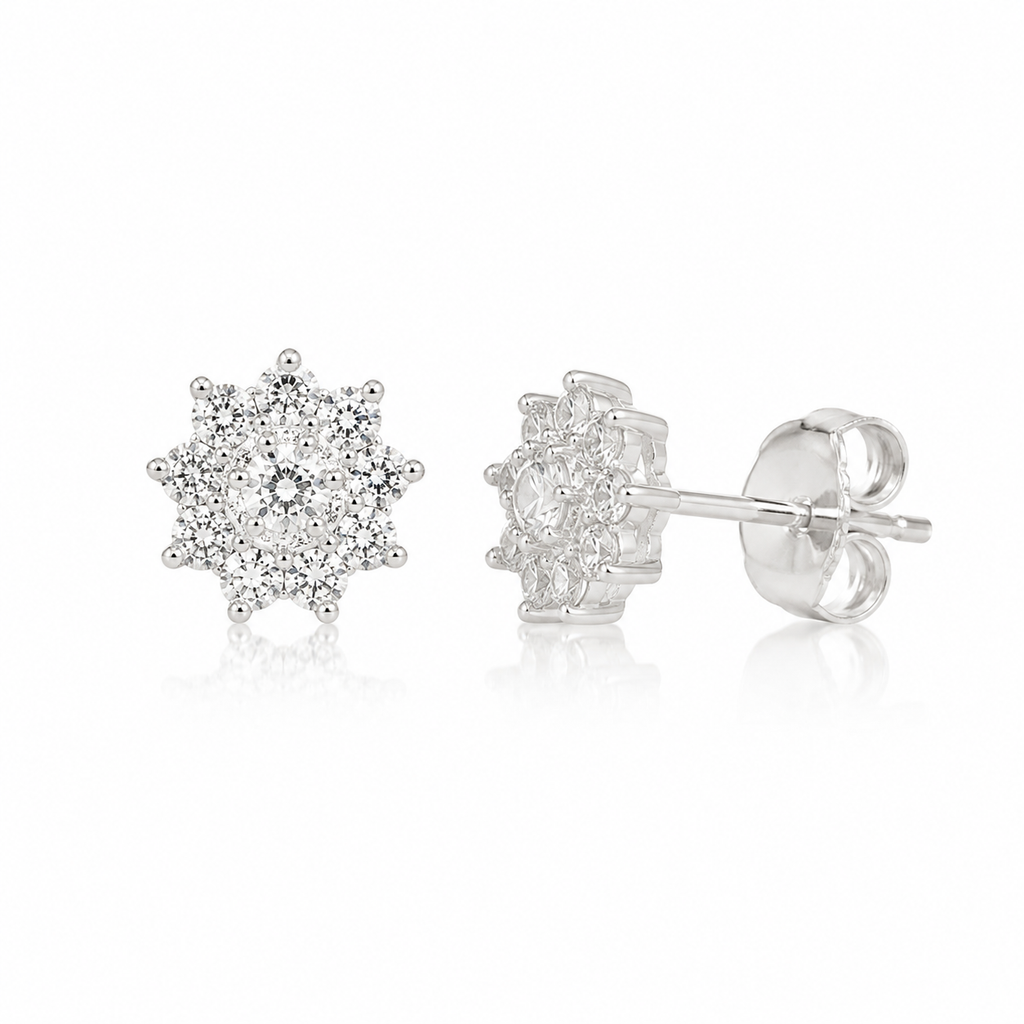 Silver Cubic Zirconia Cluster Stud Earrings