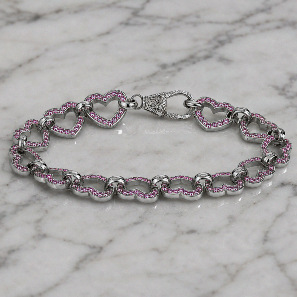 Sterling Silver Pink Cubic Zirconia Heart Link Bracelet