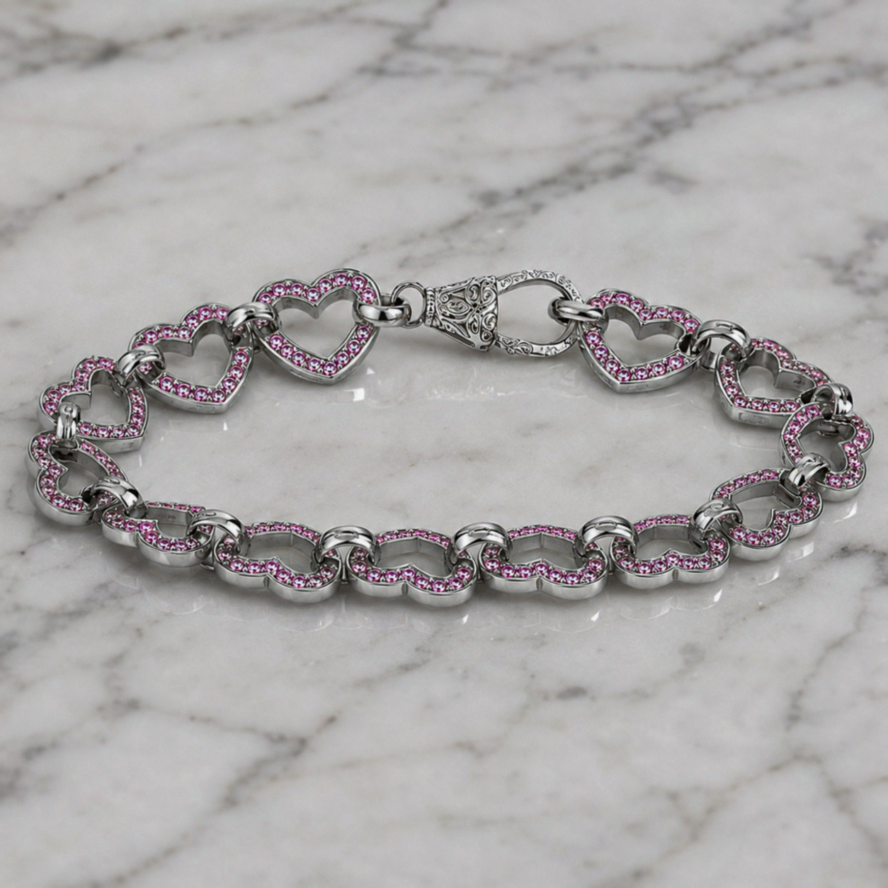 Sterling Silver Pink Cubic Zirconia Heart Link Bracelet