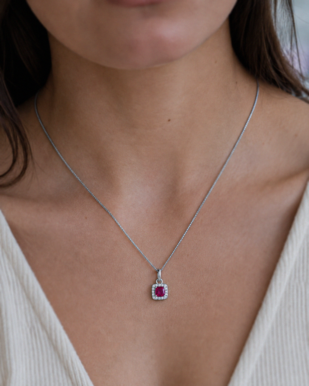 Cushion Cut Ruby & Diamond Halo Pendant Necklace in 9ct White Gold