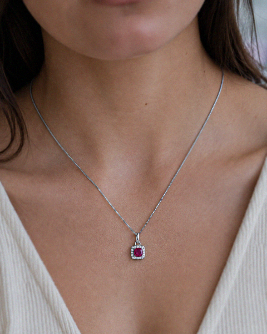 Cushion Cut Ruby & Diamond Halo Pendant Necklace in 9ct White Gold