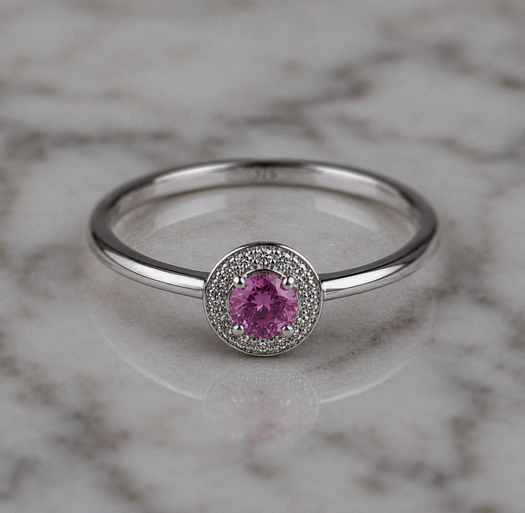 9ct White Gold Sapphire & Diamond Halo Ring – 0.07ct Diamonds