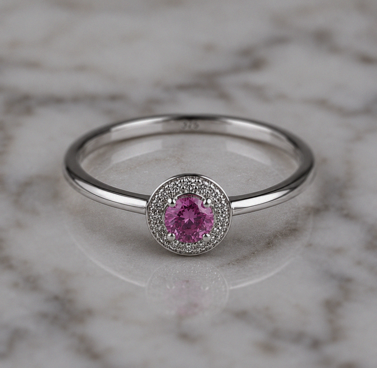 9ct White Gold Sapphire & Diamond Halo Ring – 0.07ct Diamonds