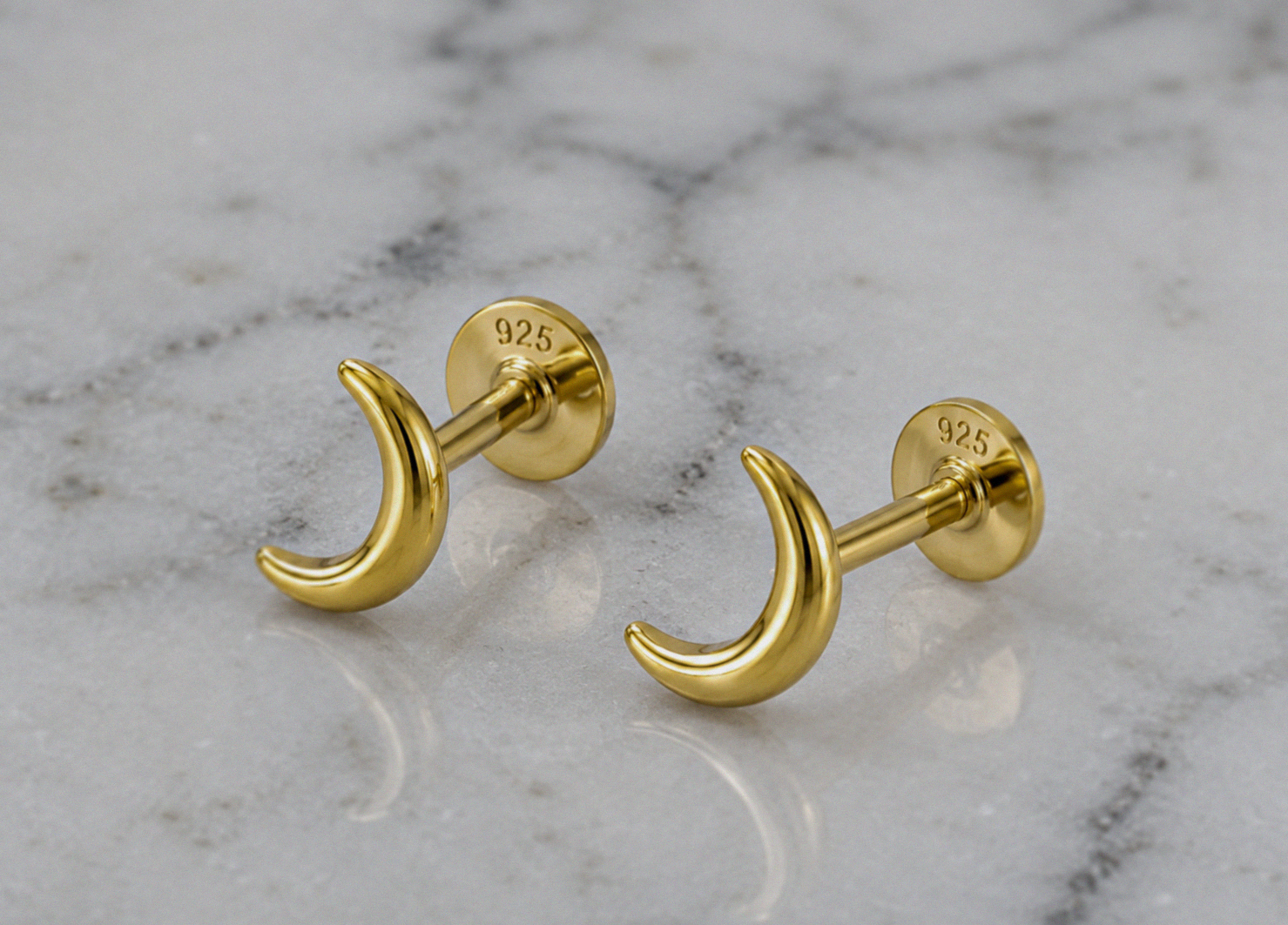 Sterling Silver Crescent Moon Labret Stud Earrings – Pair