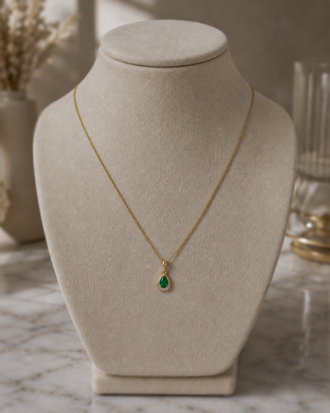 Teardrop Emerald & Diamond Pendant Necklace in 9ct Gold