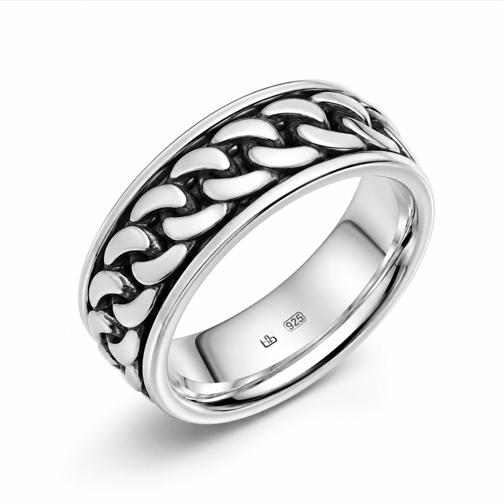 Heavyweight Chain Detail Spinner Ring – Solid Sterling Silver