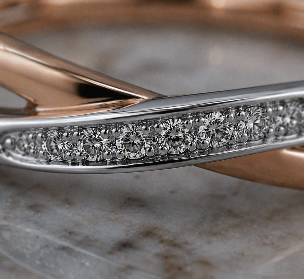 9ct White & Rose Gold Twist Ring with Pavé Diamonds