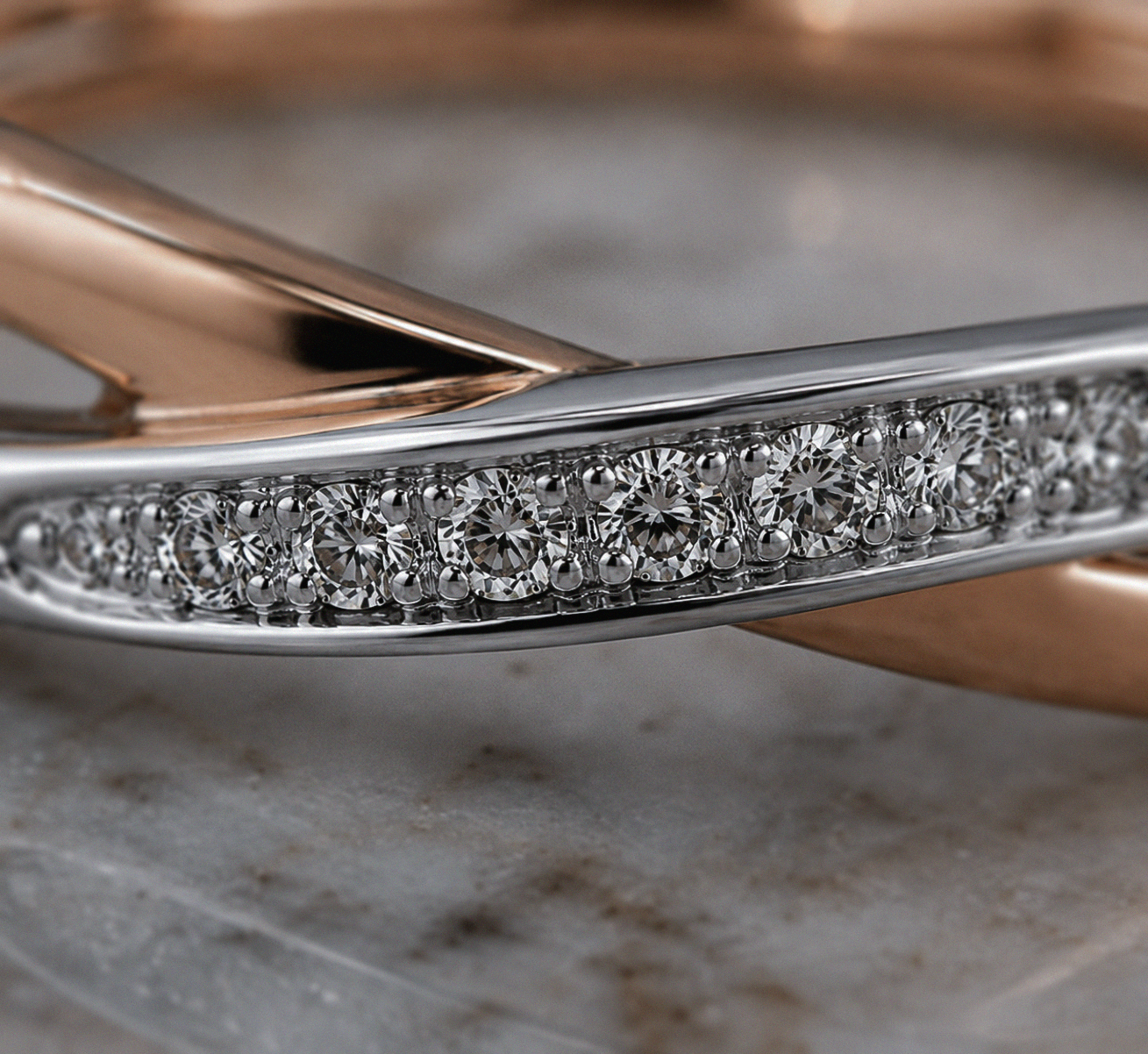9ct White & Rose Gold Twist Ring with Pavé Diamonds