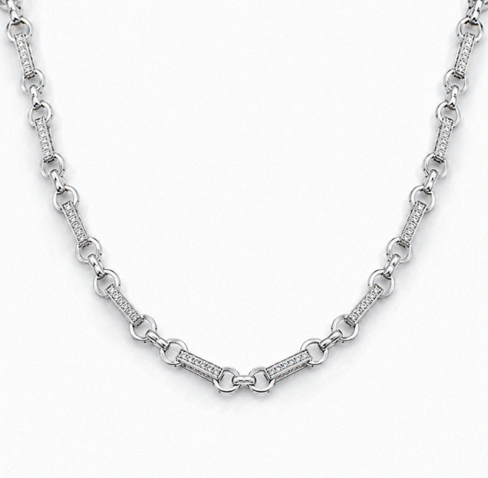 Silver Cubic Zirconia Belcher Bar Chain 28"
