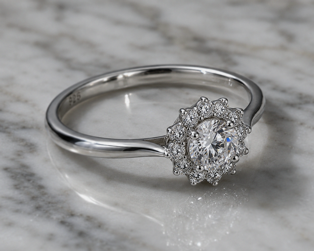 Sterling Silver Cubic Zirconia Flower Halo Ring