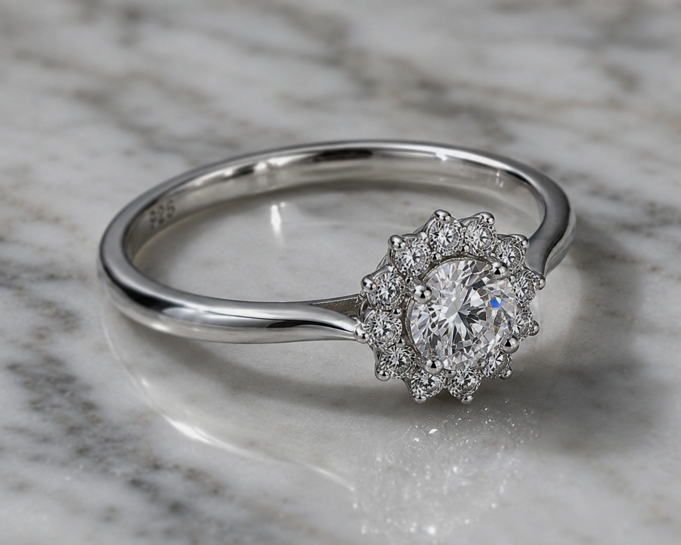 Sterling Silver Cubic Zirconia Flower Halo Ring