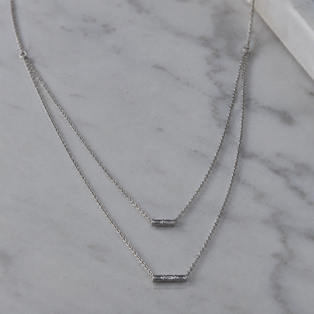 Sterling Silver Cubic Zirconia Double Layer Bar Necklace
