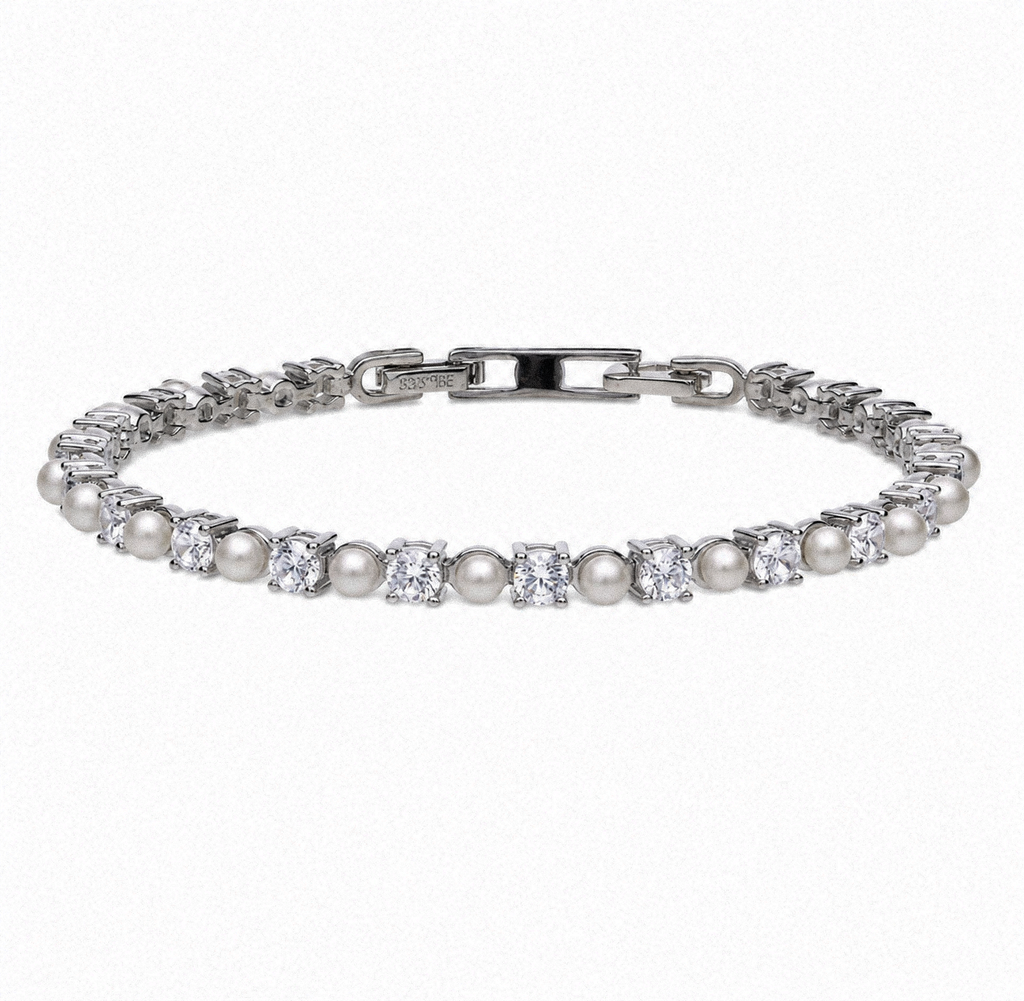 Diamonfire Sterling Silver Pearl and Zirconia Tennis Bracelet